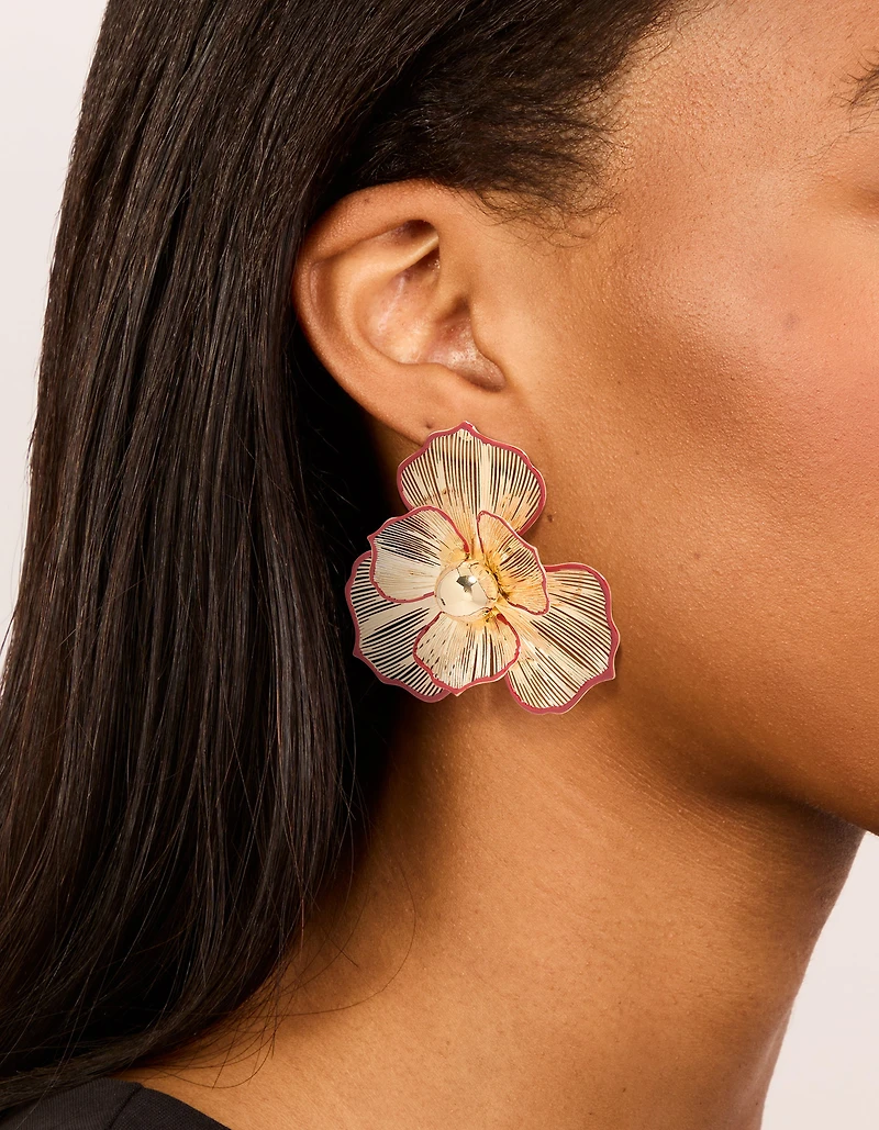 Gold Statement Red Outline Flower Stud Earrings