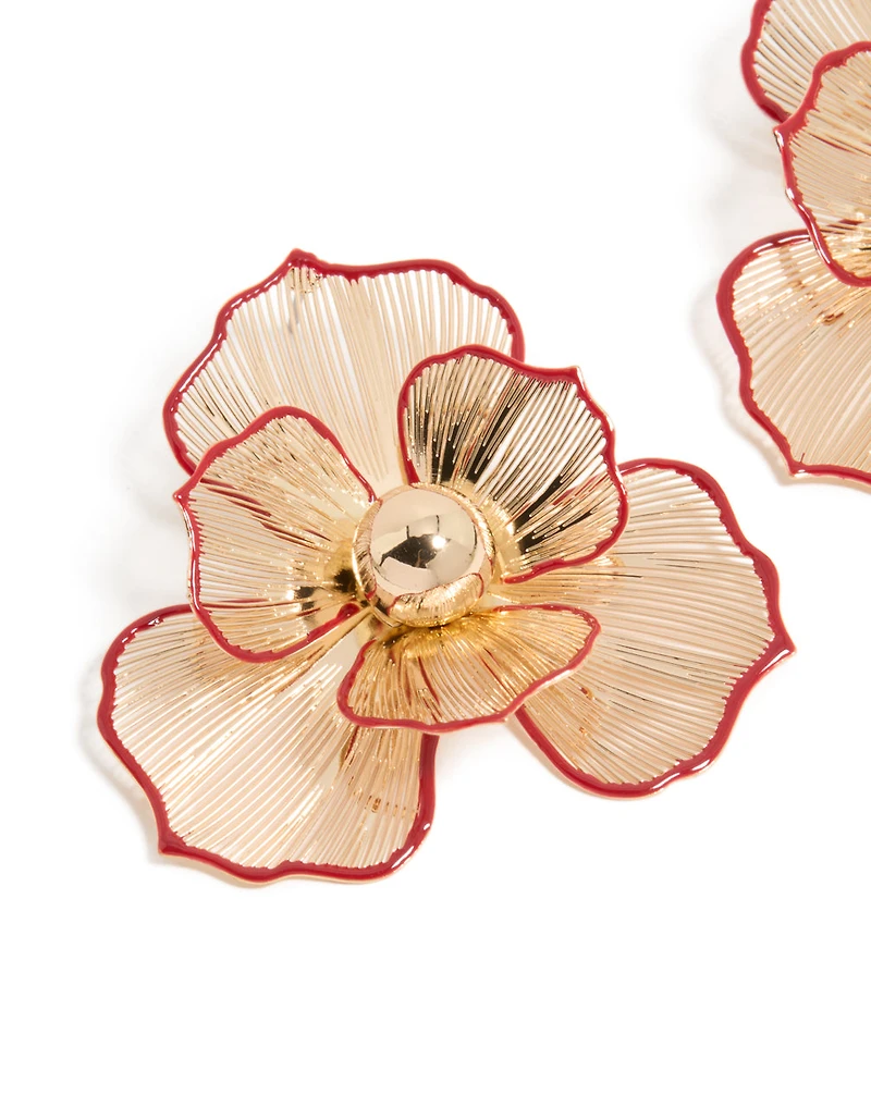 Boucles d’oreilles fleur à contour rouge doré