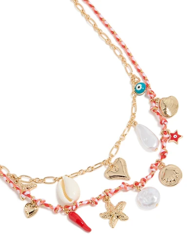 Gold Shell & Evil Eye  Charm Layered Necklace