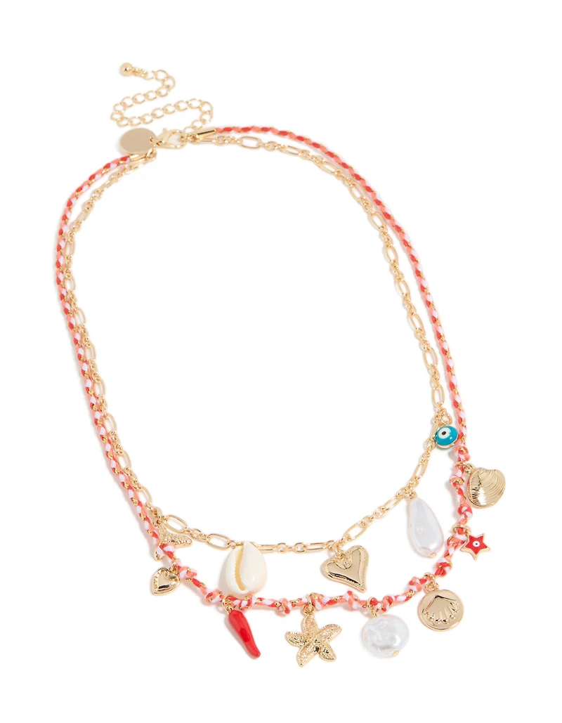 Collier superposé en coquillage doré et porte-bonheur de mauvais œil