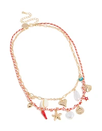 Collier superposé en coquillage doré et porte-bonheur de mauvais œil