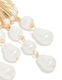 Boucles d’oreilles tombantes en coquillage nervuré doré et perles