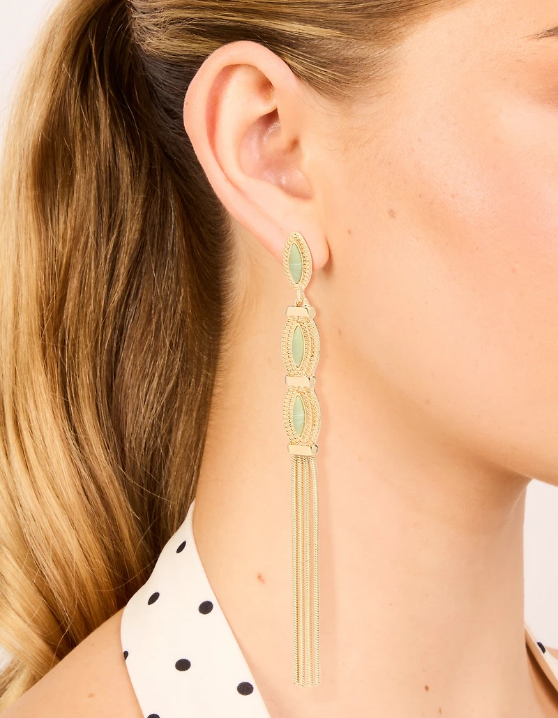 Gold Green Stone Boho Tassel Drop Earrings