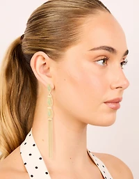 Gold Green Stone Boho Tassel Drop Earrings