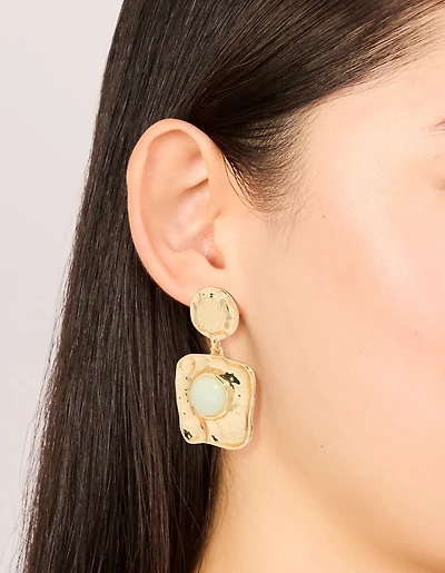 Gold Green Stone Molten Square Drop Earrings