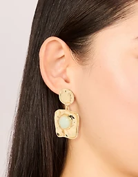 Gold Green Stone Molten Square Drop Earrings