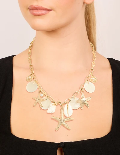 Gold Genuine Shell Disc & Beach Charm Necklace