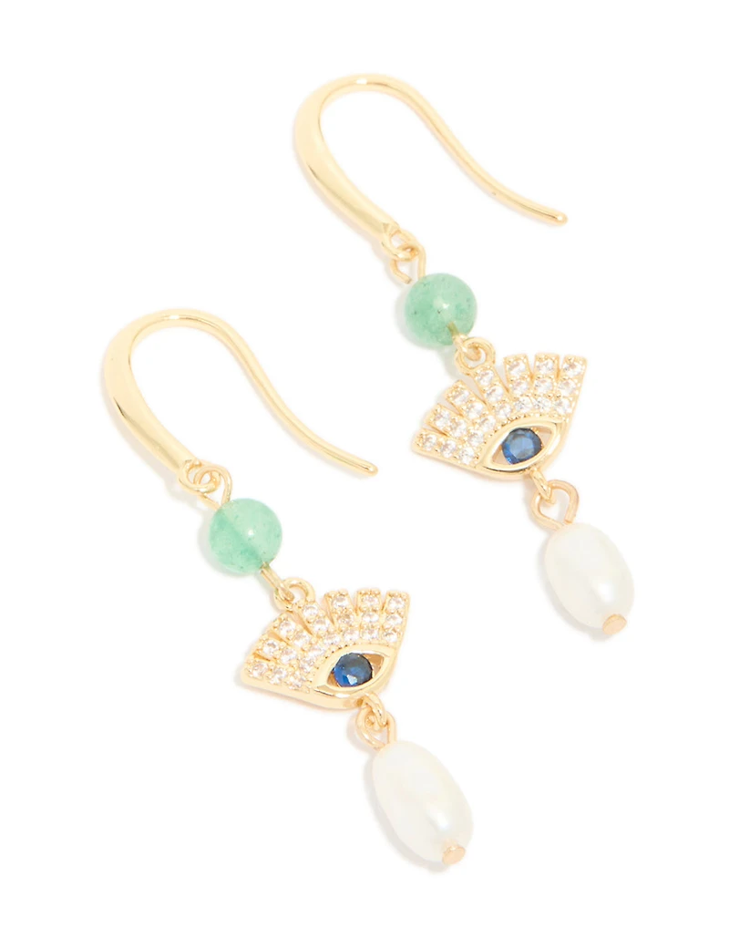 Gold Plated Cubic Zirconia Evil Eye Freshwater Pearl Drop Earrings