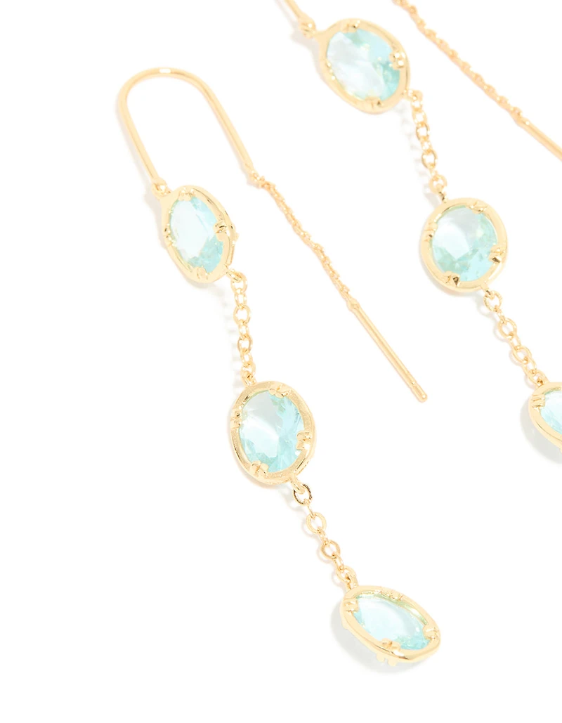 Gold Plated Aqua Cubic Zirconia Thread Through Earrings