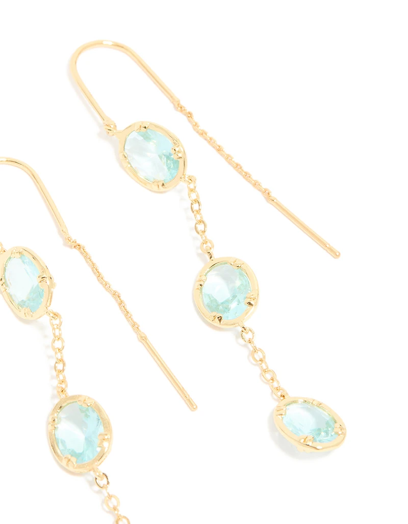 Gold Plated Aqua Cubic Zirconia Thread Through Earrings