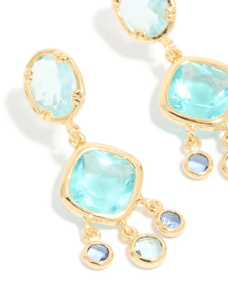 Gold Plated & Blue Cubic Zirconia Stud Drop Earrings