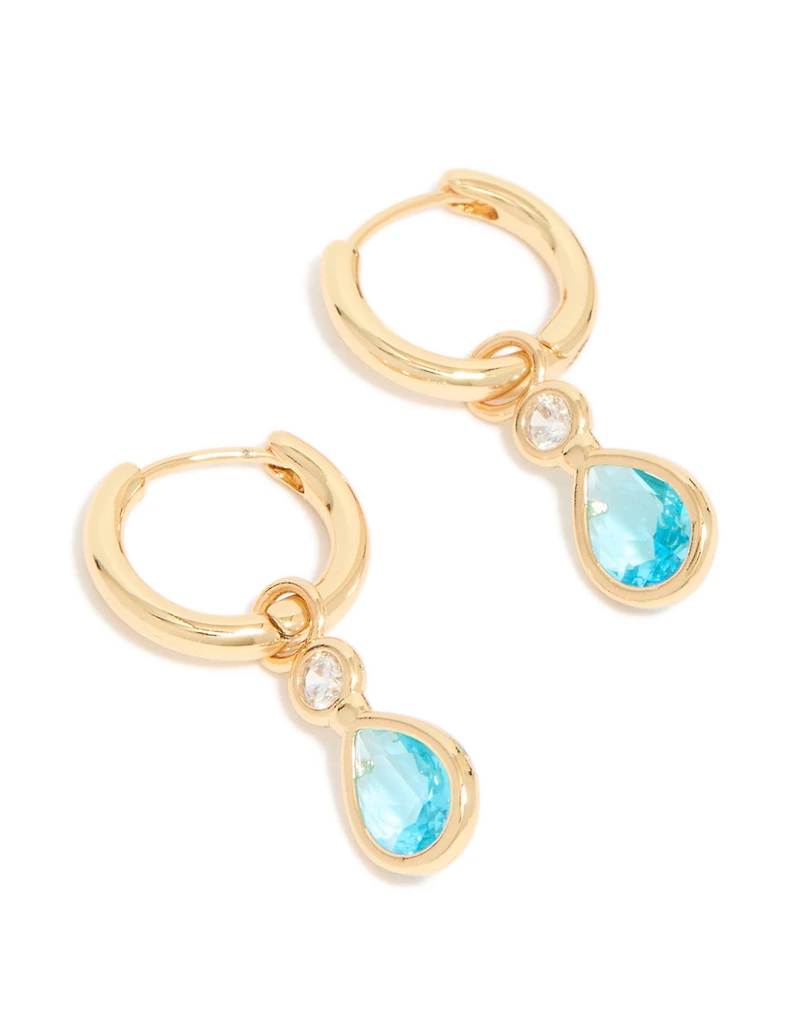 Gold Plated Blue Cubic Zirconia Teardrop Huggie Earrings