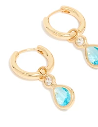 Gold Plated Blue Cubic Zirconia Teardrop Huggie  Earrings