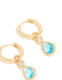 Gold Plated Blue Cubic Zirconia Teardrop Huggie  Earrings
