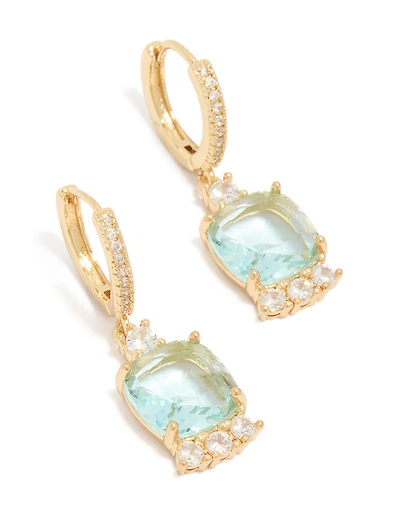 Gold Plated Blue Square Cubic Zirconia Huggie Earrings