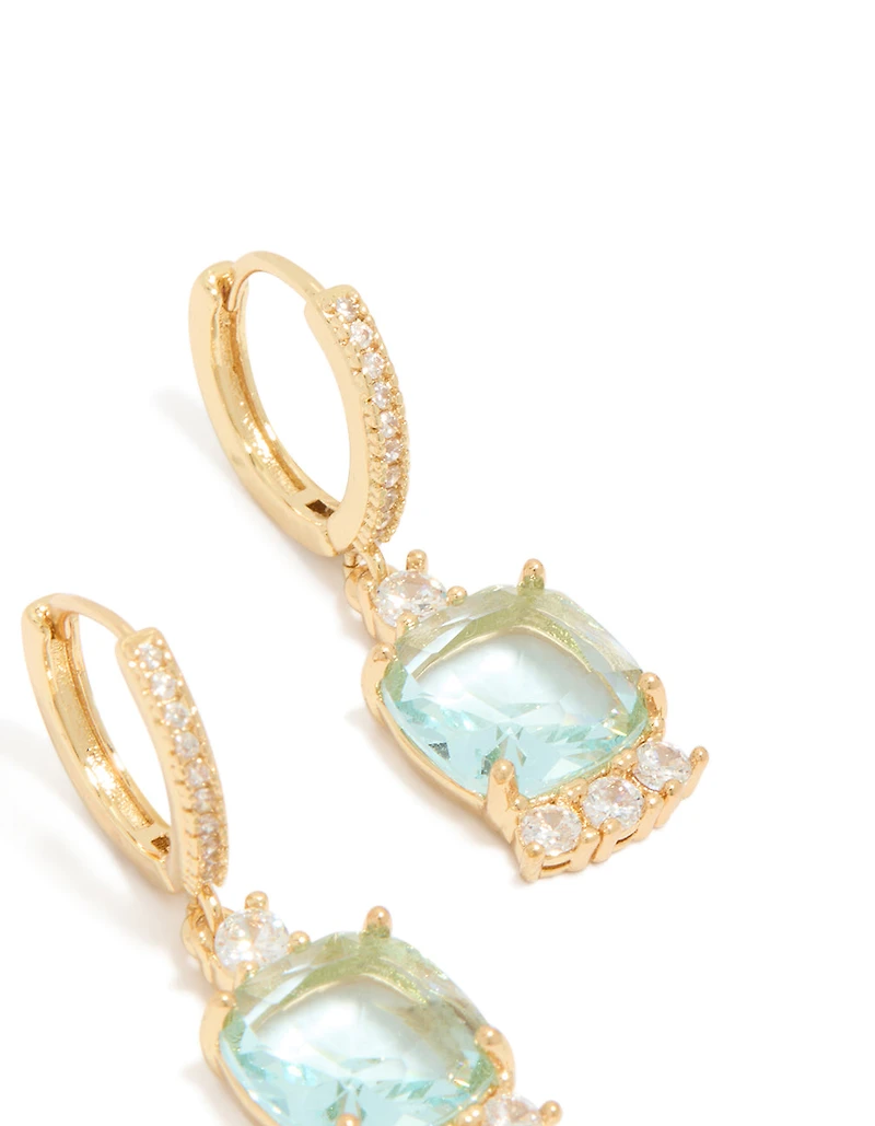 Gold Plated Blue Square Cubic Zirconia Huggie Earrings