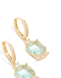Gold Plated Blue Square Cubic Zirconia Huggie Earrings