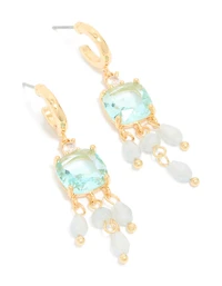 Gold Plated Blue Cubic Zirconia & Stones Square Drop Detail Earrings