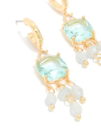 Gold Plated Blue Cubic Zirconia & Stones Square Drop Detail Earrings