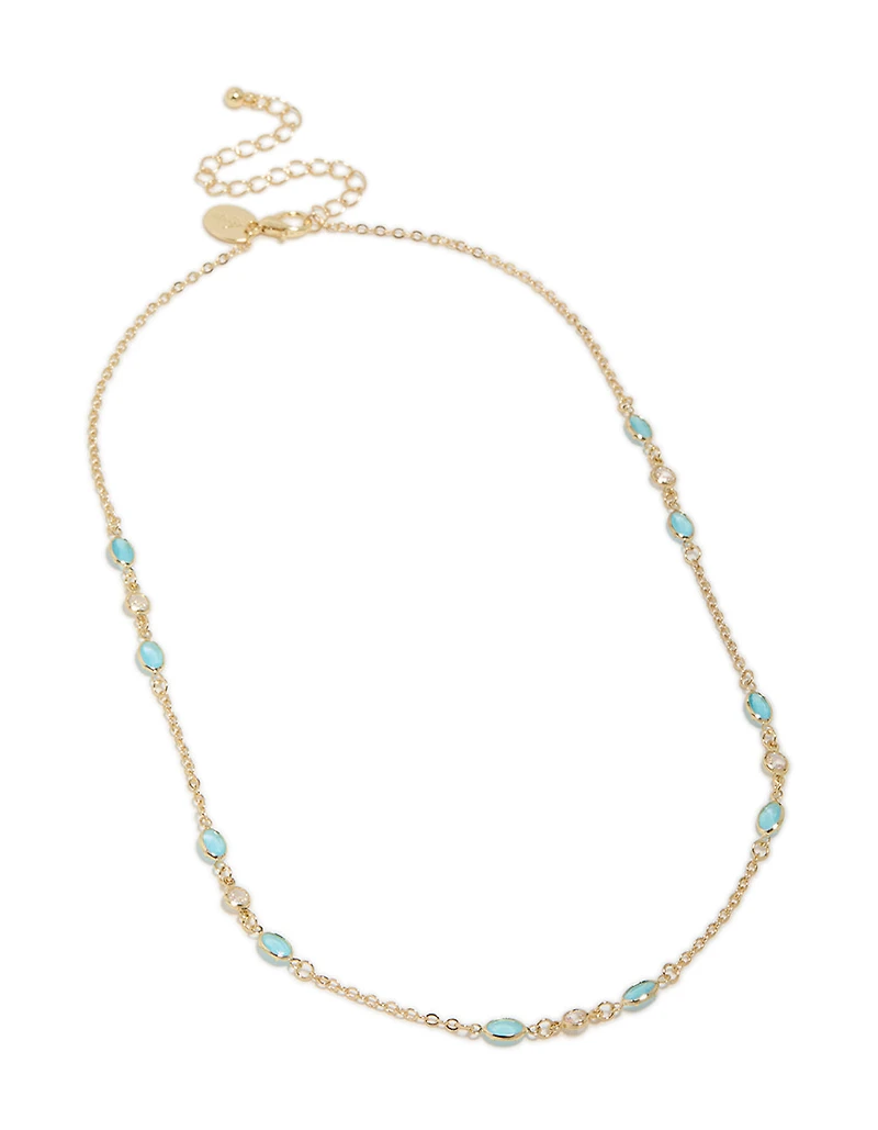 Gold Plated Blue Cubic Zirconia Oval Stone Necklace
