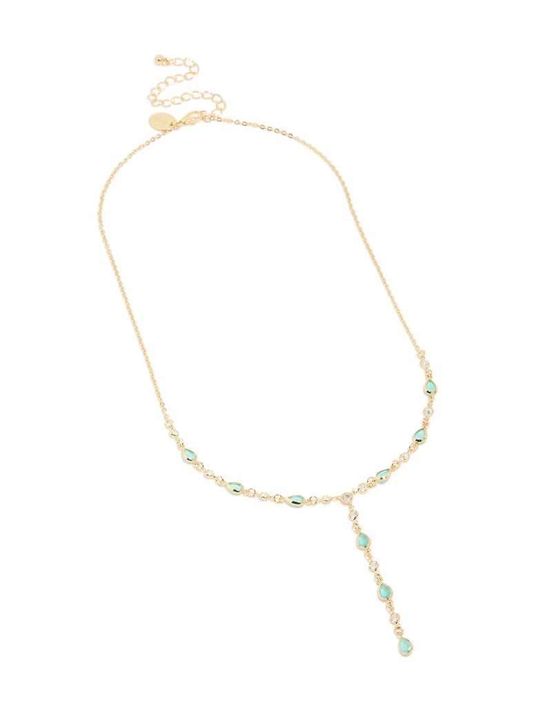 Gold Plated  Blue Cubic Zirconia Alternating Oval Y-Necklace