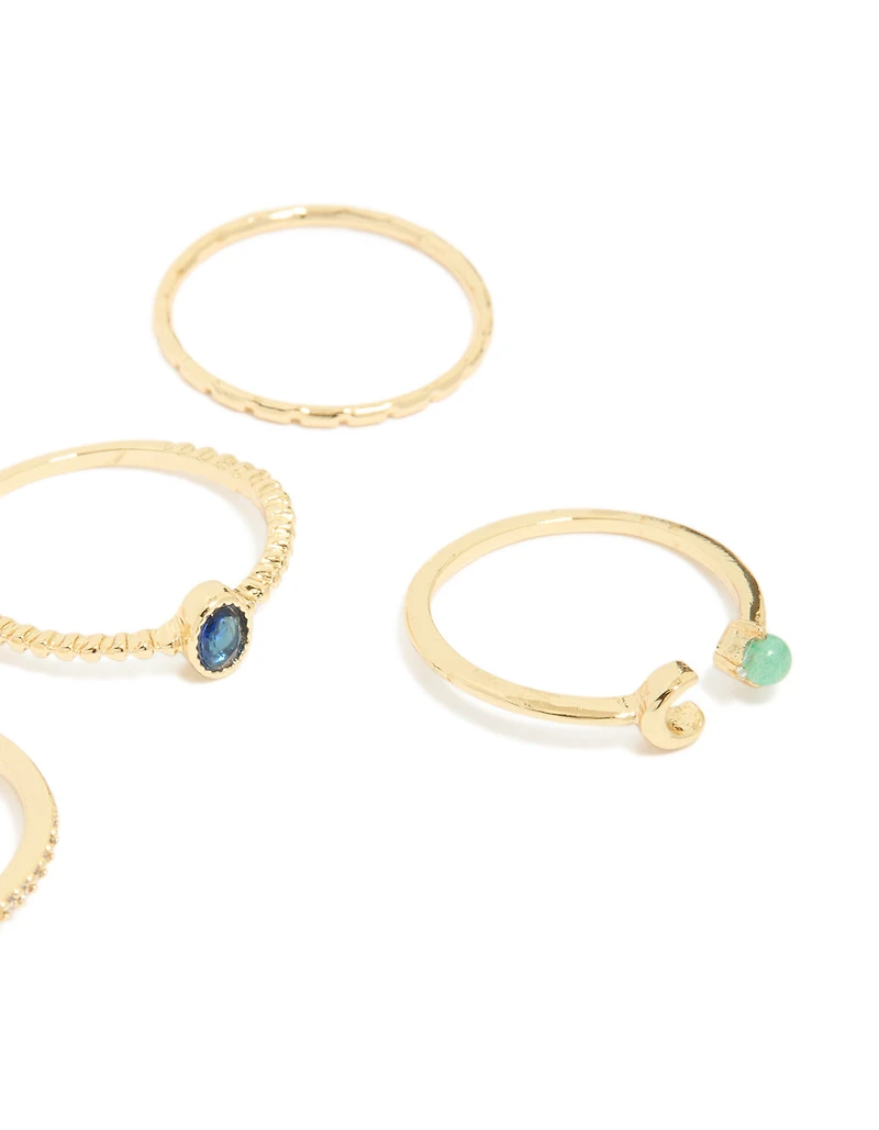 Gold Plated Blue Cubic Zirconia Celestial Rings 5 -Pack