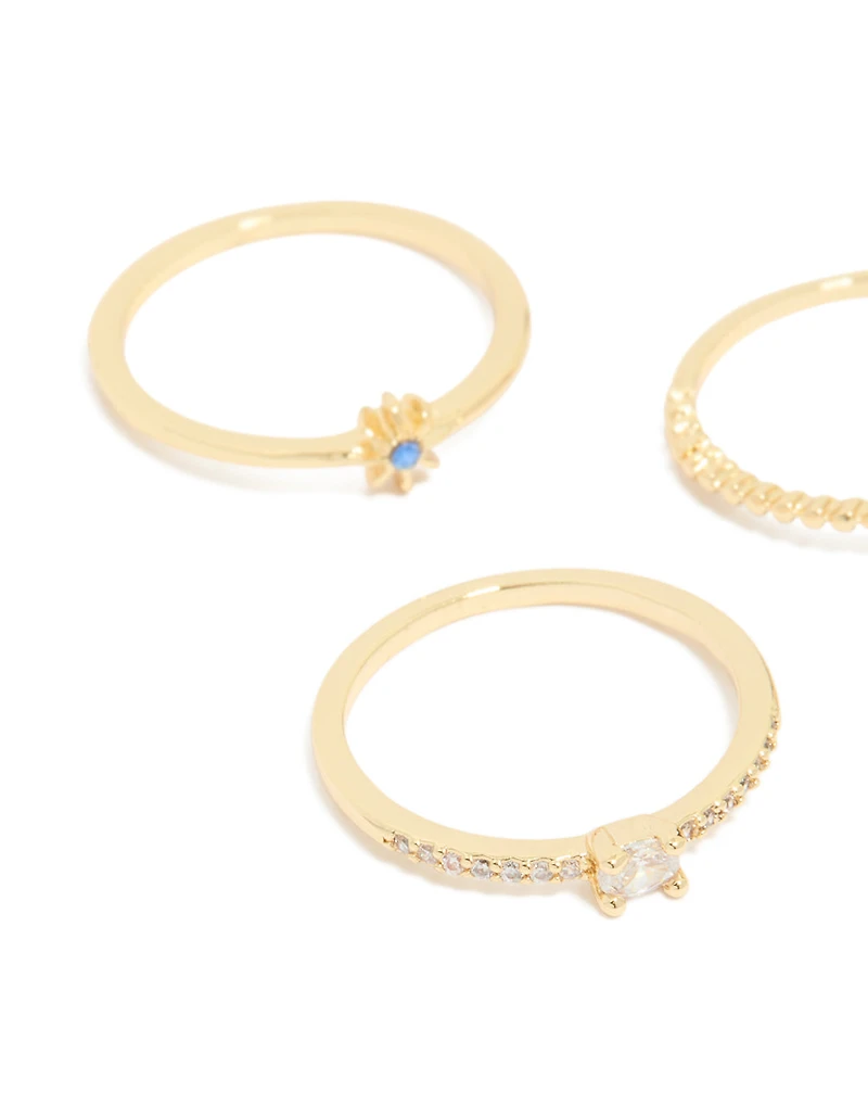 Gold Plated Blue Cubic Zirconia Celestial Rings 5 -Pack