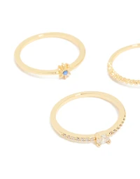 Gold Plated Blue Cubic Zirconia Celestial Rings 5 -Pack
