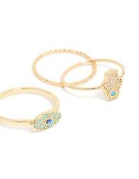 Gold Plated Cubic Zirconia  Evil Eye & Hamsa Hand Rings 4-Pack