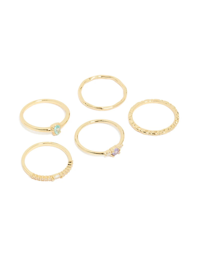 Gold Plated Aqua Cubic Zirconia Rings 5-Pack