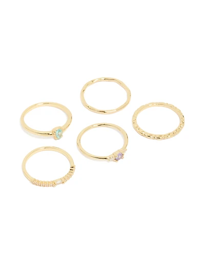 Gold Plated Aqua Cubic Zirconia Rings 5-Pack
