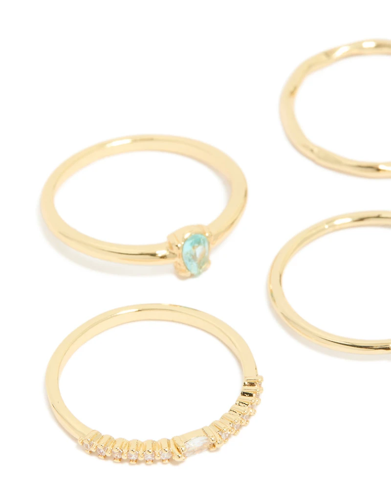 Gold Plated Aqua Cubic Zirconia Rings 5-Pack