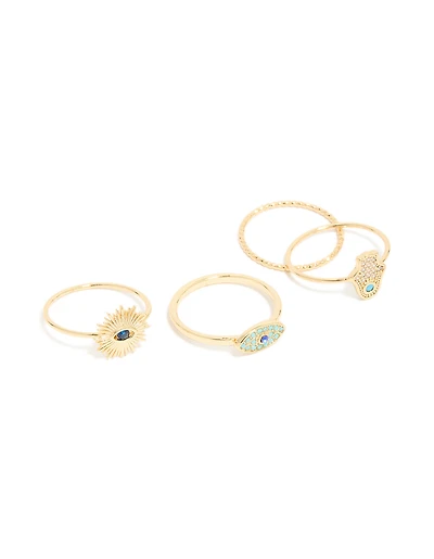 Bagues de main en zircone cubique plaquées or et bagues de main Hamsa en paquet de 4