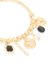Gold Heart & Black Stone Charm Bracelet