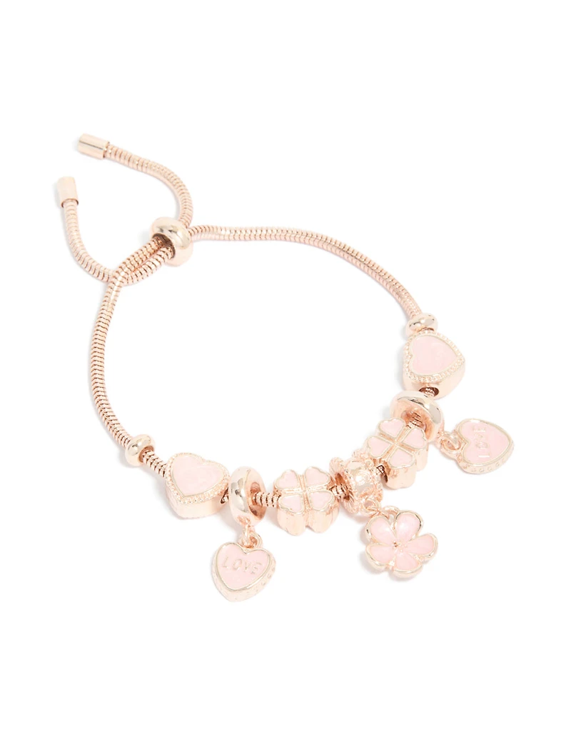 Rose Gold Flower & Heart Charm Toggle Bracelet