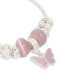 Silver Pink Bead & Butterfly Charm Toggle Bracelet