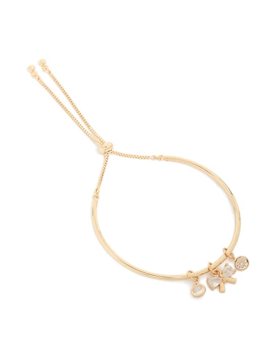 Gold Cubic Zirconia Bow Charm Toggle Bangle