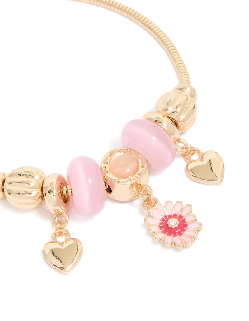 Gold Flower & Heart Charm Toggle Bracelet