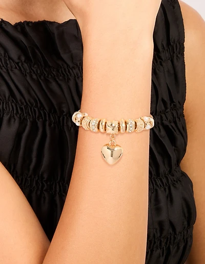 Gold Heart & Pearl Charm Toggle Bracelet