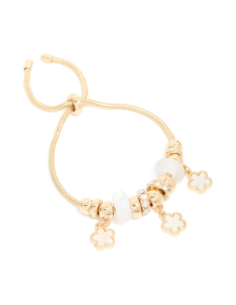 Gold White Flower Charm Trio Toggle Bracelet