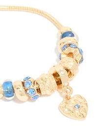 Gold Blue Diamante  & Molten Heart Charm Toggle Bracelet