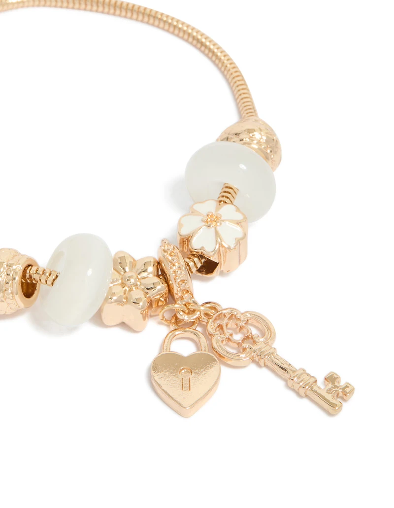 Gold Key & Lock Charm Toggle Bracelet