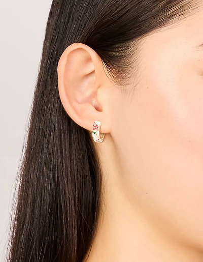 Gold Enamel Floral Thick Huggie Earrings
