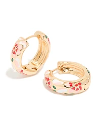 Gold Enamel Floral Thick Huggie Earrings