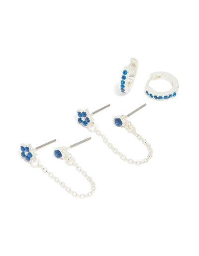 Boucles d’oreilles Silver Blue Cubic Zirconia Chain Flower & Huggie en paquet de 3