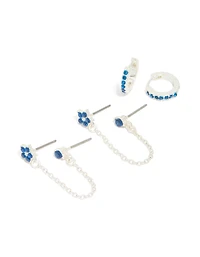 Boucles d’oreilles Silver Blue Cubic Zirconia Chain Flower & Huggie en paquet de 3