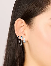 Boucles d’oreilles Silver Blue Cubic Zirconia Chain Flower & Huggie en paquet de 3