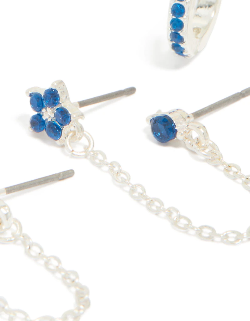 Boucles d’oreilles Silver Blue Cubic Zirconia Chain Flower & Huggie en paquet de 3