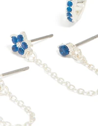 Boucles d’oreilles Silver Blue Cubic Zirconia Chain Flower & Huggie en paquet de 3