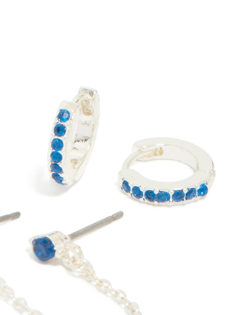 Boucles d’oreilles Silver Blue Cubic Zirconia Chain Flower & Huggie en paquet de 3